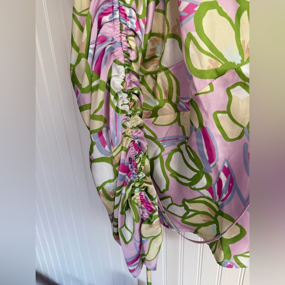 ASOS Design Floral Ruched Sleeve Pink and Green Blouse Size 14 - Picture 3 of 6